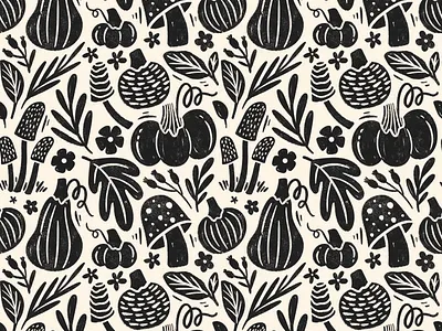Blockprint pattern autumn black and white blockprint cozy decor fall floral illustration linocut monochrome mushrooms nature pattern season surface pattern design surface pattern designer