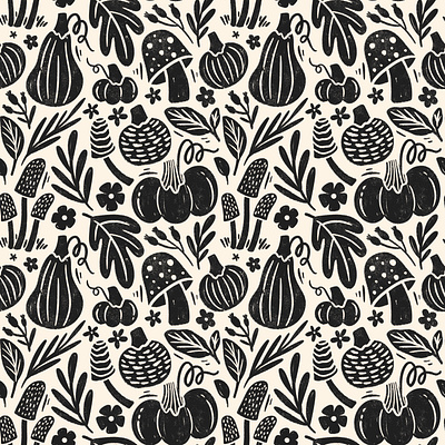 Blockprint pattern autumn black and white blockprint cozy decor fall floral illustration linocut monochrome mushrooms nature pattern season surface pattern design surface pattern designer