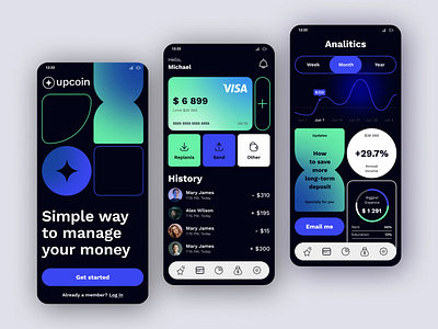 UpCoin - Online banking and money management app app banking cryptocurrency design finance mobile app money online banking ui ux vector