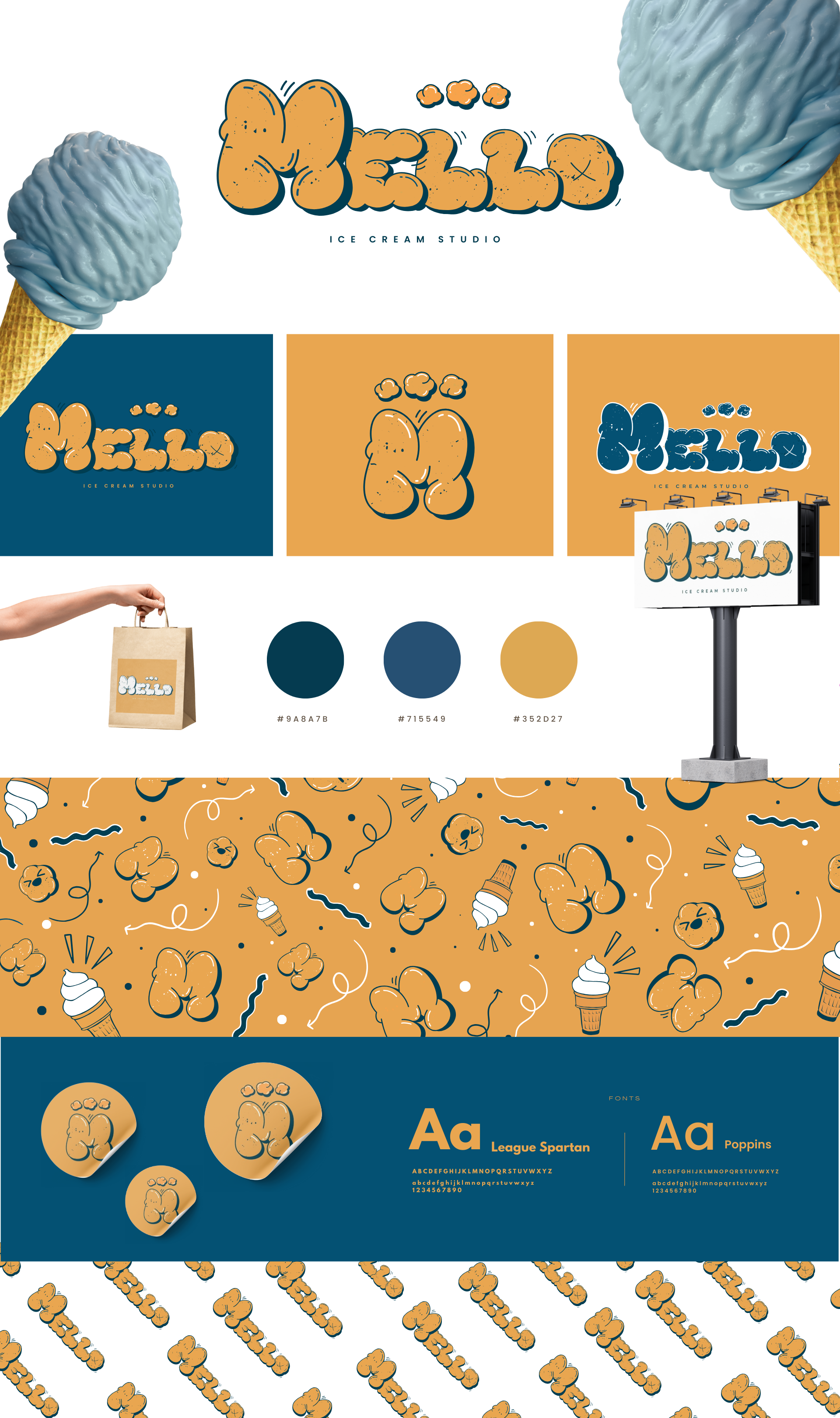 Mello – Ice Cream Brand Identity & Packaging Design 3d animation bag designing bill board brand identity branding brocher design color complete branding design graphic design ice cream branding illustration logo design motion graphics packaging design typography ui uiux vector