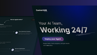 Control HUB - An Agent Centric Application's Web Landing page. ai ai agents ai design app branding clean website dark mode dashboards design graphic design illustration landing page logo modern design typography ui ux webapp webpage website