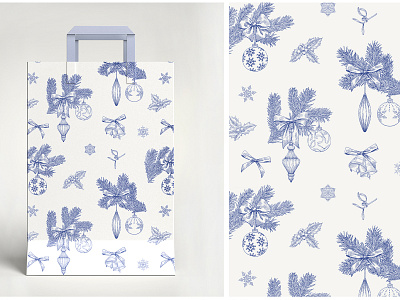 Christmas vintage pattern. Hand drawn background bells blue botanical christmas christmas toys decor design drawing graphics hand drawn holiday illustration new year packege pattern seamless vector vintage winter