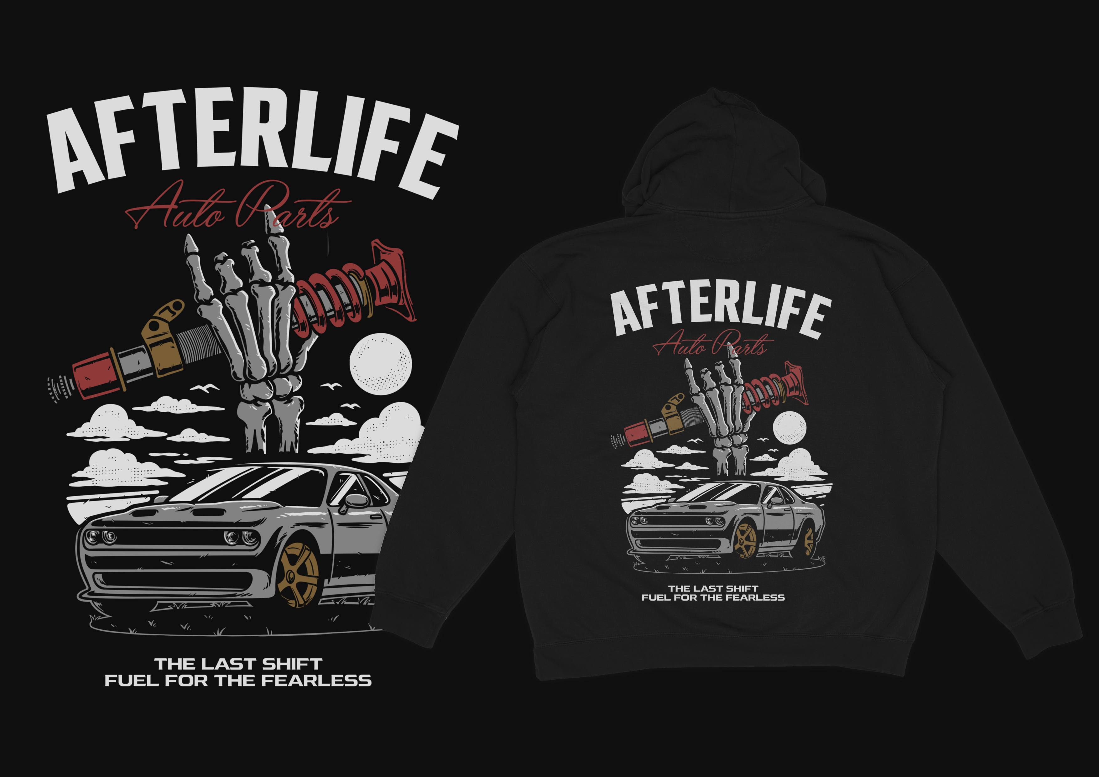 Afterlife Auto Parts auto parts branding car culture challenger design garage graphic design hellcat illustration logo mountain nature ui ux vector