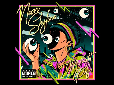 Neon Skyline - Midnight Pulse album cover design eighties figurative art graphic design illustration kitsch music music art psychedelic retro surreal art surrealism trippy typography vector vintage
