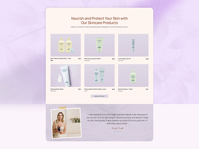 Radiant – Organic Skincare Product Grid & Testimonial beauty cosmetics ecommerce feminine minimal organic productdesign productpage skincare testimonial ui ux