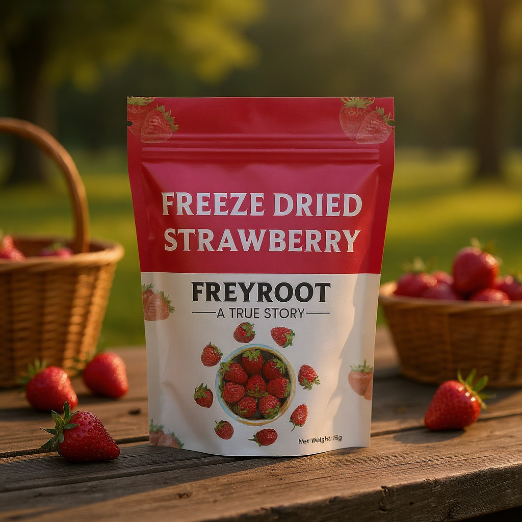 FREEZE DRIED STRAWBERRY POUCH PACKAGING DESIGN branding design dried strawberry food food packaging design freeze dried strawberry design graphic design illustration label design packaging design pouch design pouch label product label design strawberry packaging strawberry pouch design