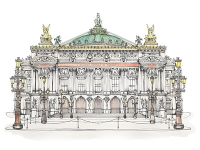 Paris Opera House Line & Wash architecture botanical branding building design illustration line and wash paris opera house venue illustration watercolor watercolour