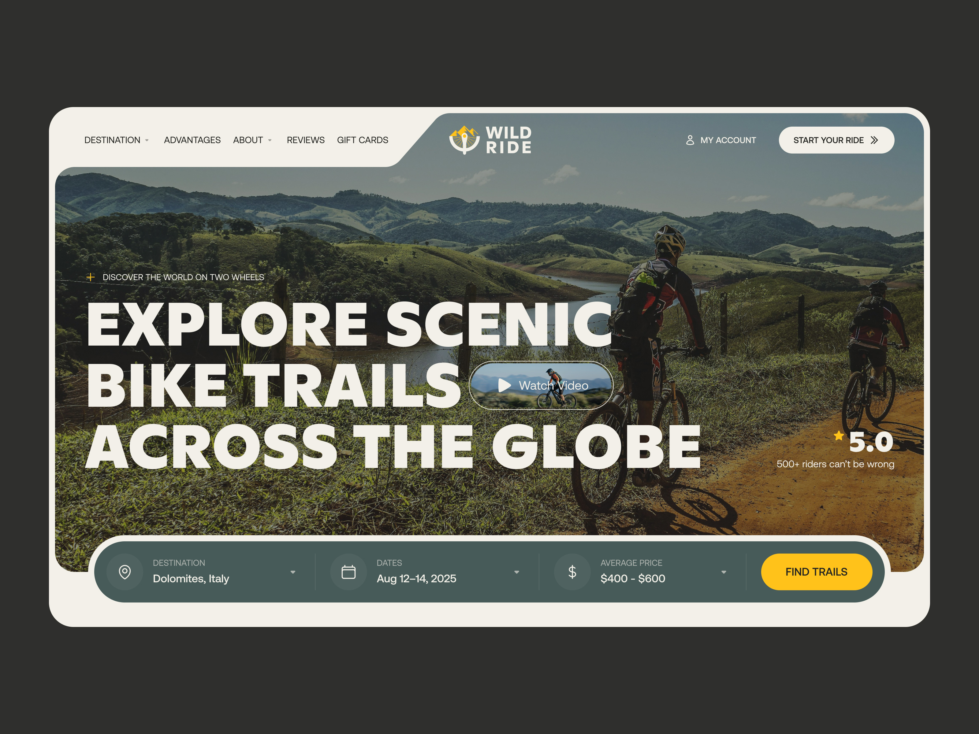 WildRide Travel Website — Cycling Adventure Landing Page bike design figma header hero homepage landing search trail travel ui ux web world
