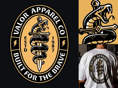 Snake & Sword Badge Logo | Apparel Design apparel design badge badge design brave crest gold illustration lightning mascot mascot logo python seal seal logo snake sports logo sword valor viper