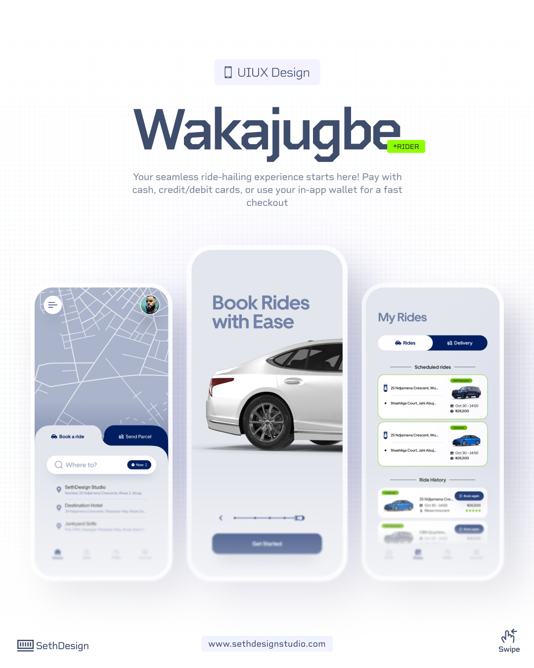 Wakajugbe Rider App branding cab hailing logo mobile app motion graphics taxi ui ux design
