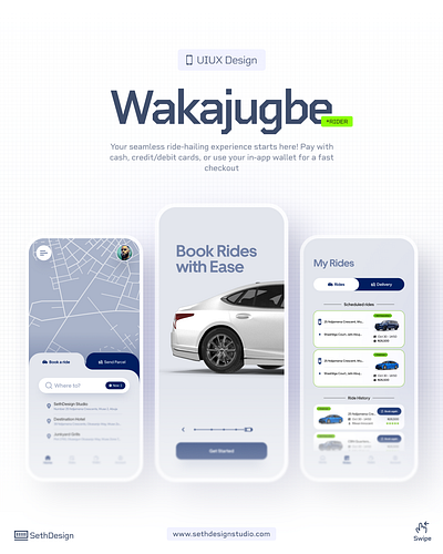 Wakajugbe Rider App branding cab hailing logo mobile app motion graphics taxi ui ux design