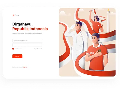 Indonesia Independence Day - Login Page 80 tahun adventure branding competition design graphic design hari kemerdekaan hero illustration independence day indonesia indonesia flag indonesian flag landing page log in page logo merah putih ui ux website