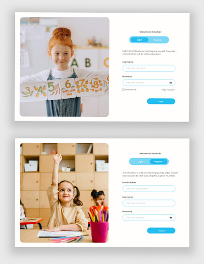 Log In & Register UI – GrowHub E-Learning Platform branding cleanui design educationplatform elearning figma figmadesign loginui minimaldesign onboarding signupui studentportal ui uiux ux web webdesign website