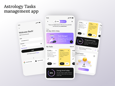 Modern App design astro app astrology astrology app cosmic app featured mobile latest mobiel app purple app soft ui task management tasks app todo app yellow app