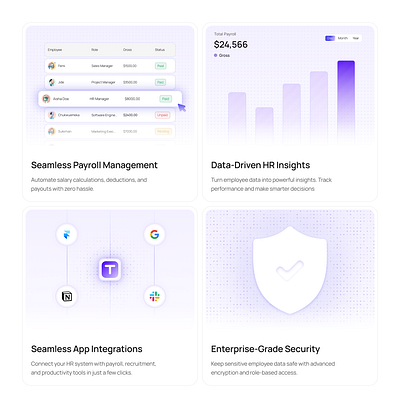 Clean HR management Bento Cards bento cards cards clean bento cards clean card design hr management bento cards light mode bentos light purple light purple cards