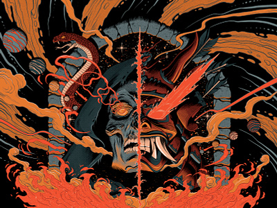 Trivium x Beartooth fire illustration japan music planets portal poster samurai skull smoke snake space void vortex