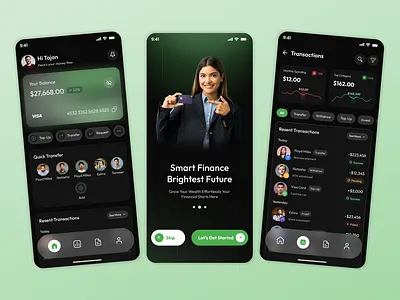 Smart Finance App – Modern Dark UI Design appconcept bankingapp cleanui darkmodeui financeapp financialdashboard fintech minimaldesign mobileappdesign mobiledashboard mobileui modernui moneymanagement moneytransfer paymentapp personalfinance transactionscreen uidesign uiux walletapp