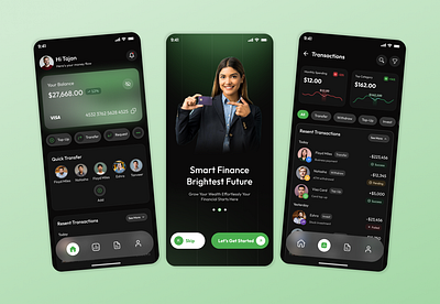 Smart Finance App – Modern Dark UI Design appconcept bankingapp cleanui darkmodeui financeapp financialdashboard fintech minimaldesign mobileappdesign mobiledashboard mobileui modernui moneymanagement moneytransfer paymentapp personalfinance transactionscreen uidesign uiux walletapp