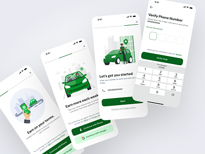 Green Ride | Onboarding - Driver App designer driver app onboarding product design ride sharing rider app sign up screen ui design