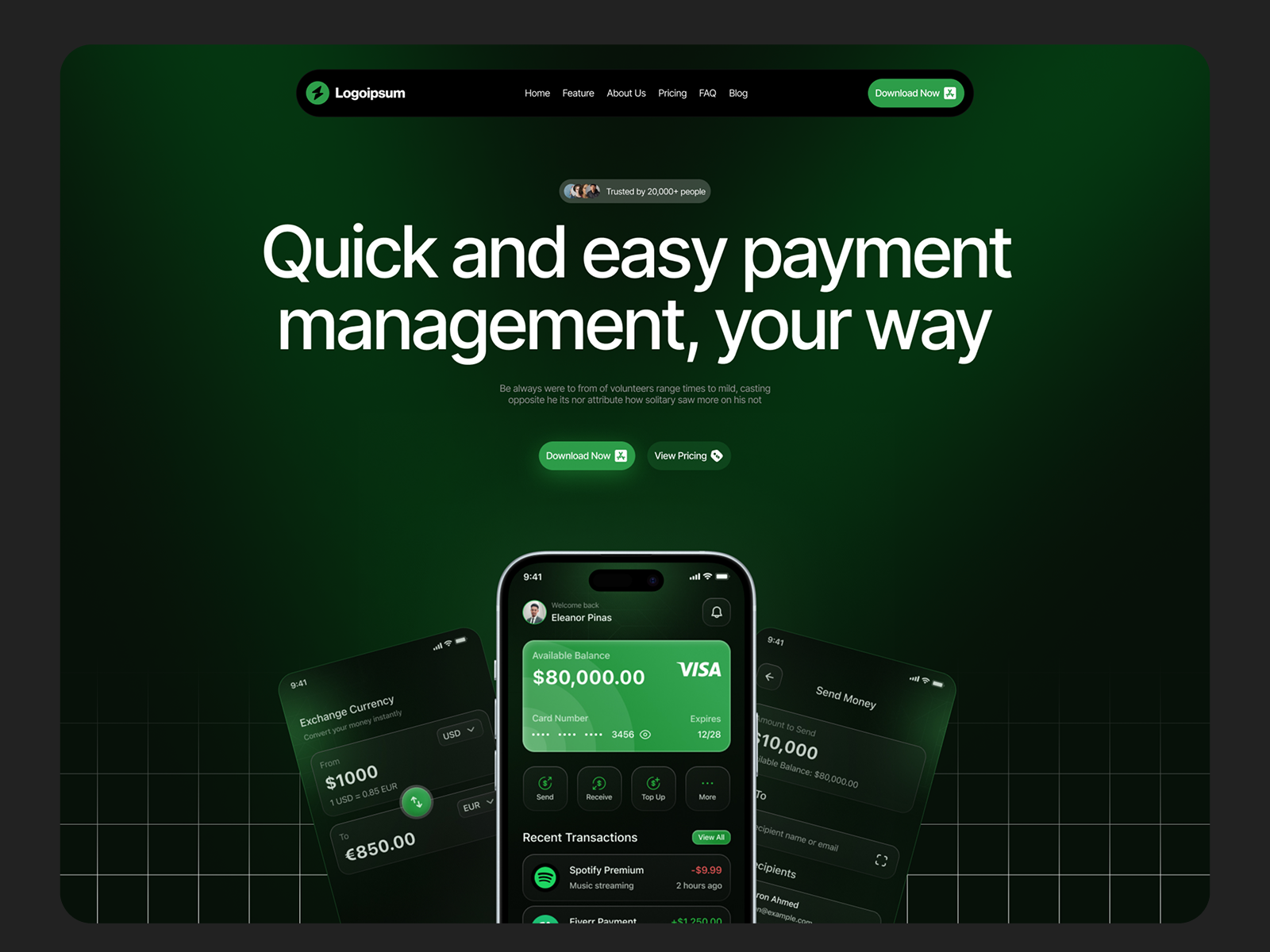Wallet Mobile App landing page UI app screen banking banking app branding clean fintech fintech landing page landing page landing page design minimal ui ui designer ux design wallet wallet landing page