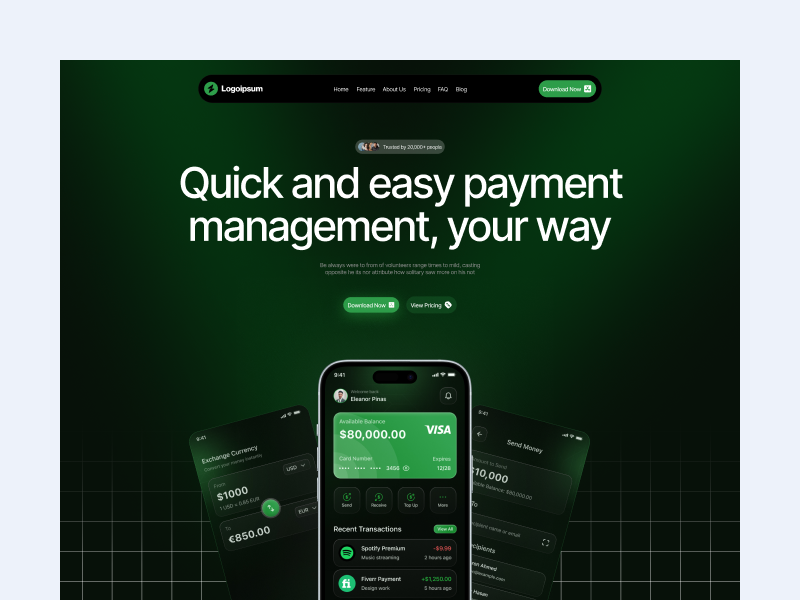 Wallet Mobile App landing page UI app screen banking banking app branding clean design fintech fintech landing page landing page landing page design minimal ui ui design ui designer ux design wallet wallet landing page website design
