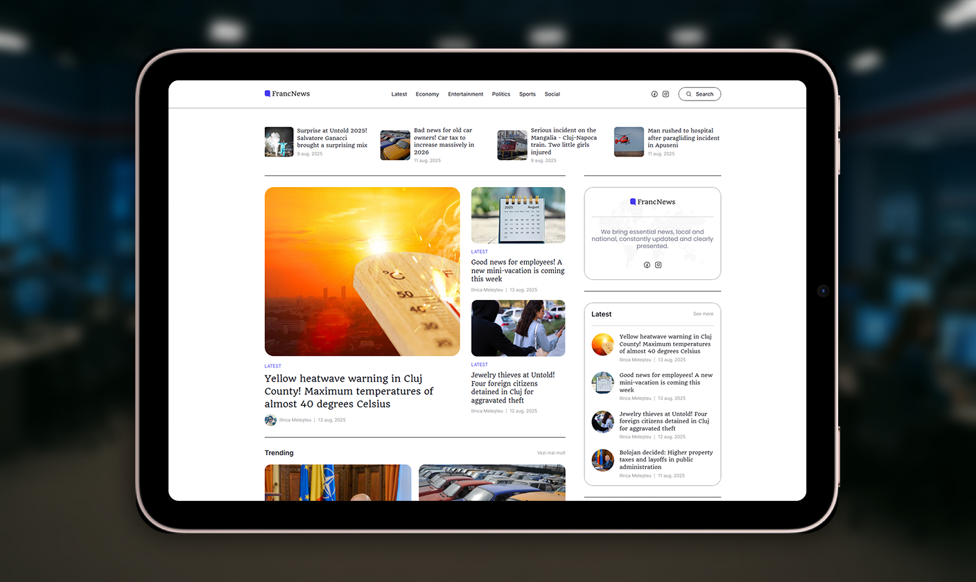 FrancNews.ro • Refined News Platform articles branding cms color pallette digital news figma framer graphic design identity local news logo news news outlet platform ui vector web design