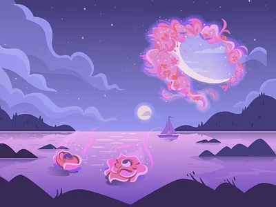 Booklight boats book bookclub color fantasy illustration love moon night novel ocean portal romance roses vector water