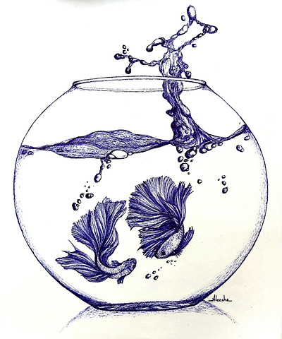 Bowl art artwork ball point pen betta fish blue pen bowl conflict fish fish bowl hand drawn sketching