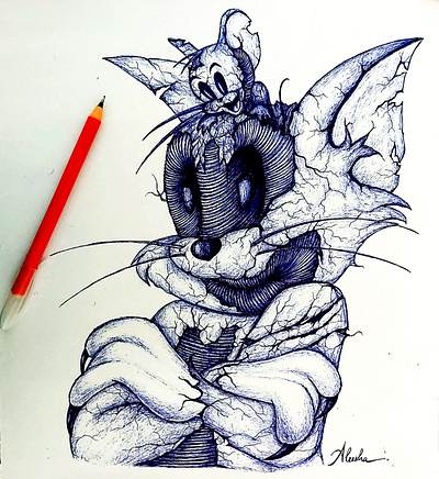 Tom & Jerry ball point pen blue pen cartoon creepy fan art halloween hand drawn macabre pen art sketching tom jerry
