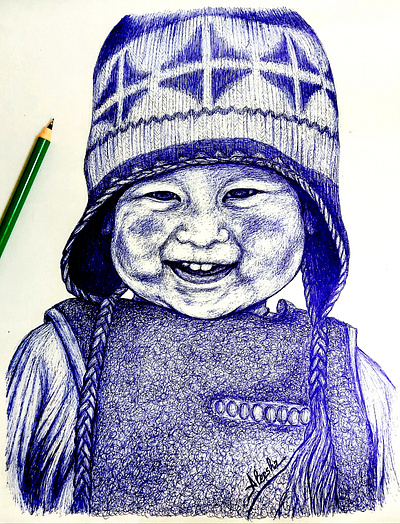 Innocence art artwork baby ball point pen blue pen childhood cute hand drawn happiness innocence kid pen art portrait smile