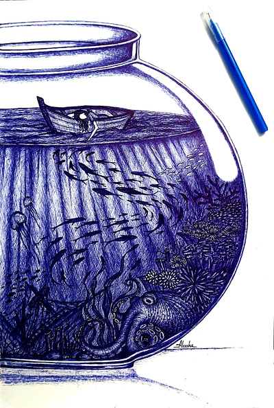 Circumscribed abstract art artwork ball point pen blue pen emotions hand drawn pen art power self portrait sketching symbolism tired trapped