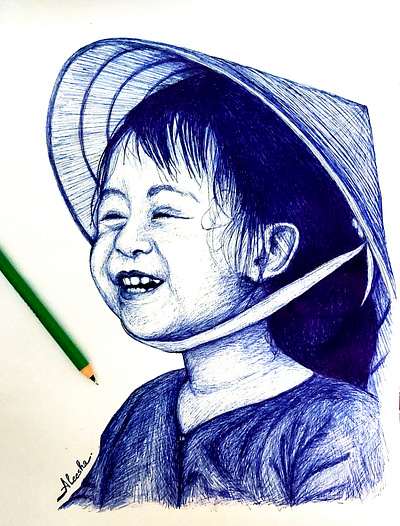 Happy face art artwork ball point pen blue pen candid child girl hand drawn happiness happy little girl pen art portrait sketching smile