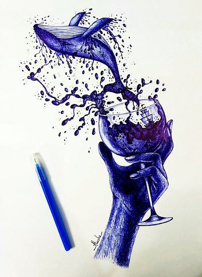Wine Glass art artwork ball point pen blue pen fantasy hand drawn imagination ocean pen art sea ship sketching surrealism symbolism whale wine glass