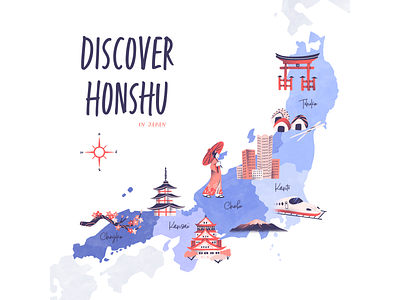 Discover Honshu - Illustrative Map art colorful country flat guide honshu icons illustration illustrative illustrator japan japanese locations map spots