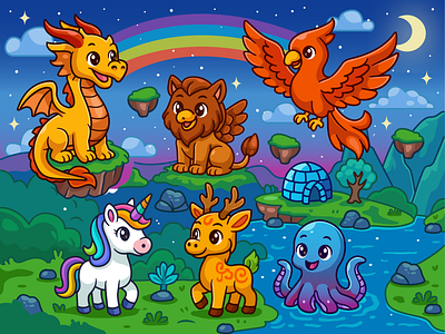 Fantasy Creatures Series🐉🦄🦌🌈 animals branding character cute deer doodle dragon fantasy flat griffin icon illustration logo octopus phoenix rainbow river unicorn
