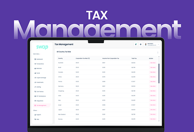Swap Crypto Dashboard Tax Management UIUX Design crypto management dashboard crypto market crypto wallet dashboard finance fintech product design tax management ui design uiux user interface web app web3 dashboard