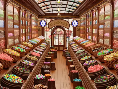 O'Sekers Candy Store 3D Interior Illustration - Client Project 3d 3d illustration 3d modeling 3d shop architectural architectural visualization blender blender cycles branding candy candy shop graphic design illustration interior design interior illustration logo rendering texturing ui virtual shop