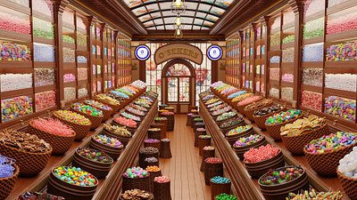 O'Sekers Candy Store 3D Interior Illustration - Client Project 3d 3d illustration 3d modeling 3d shop architectural architectural visualization blender blender cycles branding candy candy shop graphic design illustration interior design interior illustration logo rendering texturing ui virtual shop