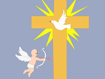 Cupid with bow aiming at cross and dove illustration worship symbol