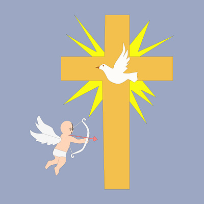 Cupid with bow aiming at cross and dove illustration worship symbol