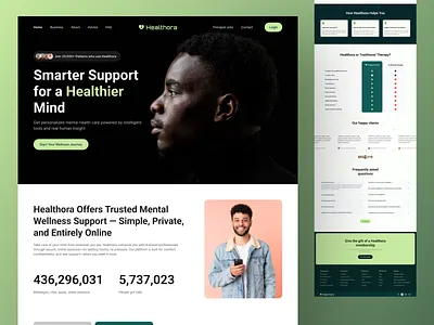 Healthora - Mental Health Landing Page clean design healthcare illness landing page landing page design medical mental health awareness mentalhealth minimal online doctor psychology psychology website pulokpauldesign therapist therapy trending ui ui design uiux