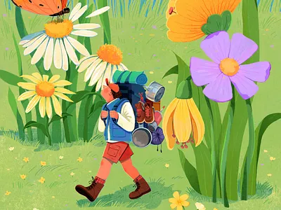 Wander Among the Wildflowers backpacker boy character editorial flowers garden hike hiking illustration magzine man people storytelling travel trip uran walk