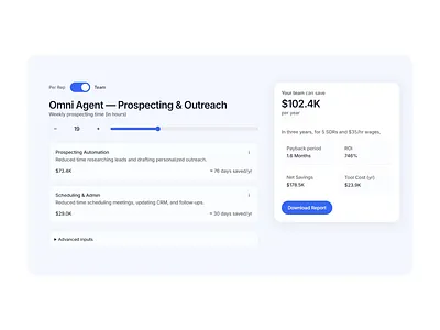 Live ROI for Omni Agent animation landing page ui