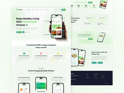 Modern - Grocery Mobile App Landing Page. app mockup conversion focused digital shopping e commerce fast delivery food beverage fresh produce grocery app landing page minimal ui mobile app design mobile shopping modern interface online grocery online grocery landing page online marketplace product grid responsive design uiux design user experience