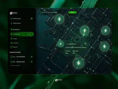 ⚡ Interactive Dashboard – Live Installation Map UI darkmodeui dashboardui energymanagement greenui interactivedesign iotdesign mapdesign minimalui smartdashboard uidesign uxdesign webappui