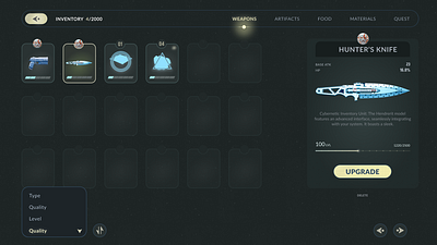 Inventory and upgrading item screens design futuristic game gamedev graphic design illustration inventory inventory screen monochrome ui uxui design