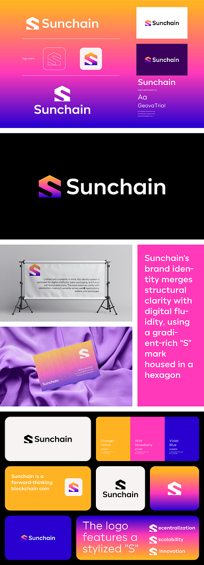 Sunchain — Modular Crypto Identity with Gradient Precision blockchainbranding brand branding cryptocoindesign cryptologo gradientdesign graphic design hexagonlogo logo design logosystem minimal modern sunchain web3identity