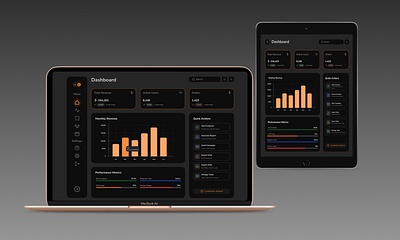 Next-Gen Dark Dashboard UI admin dashboard button card design chart darkmode dashboard figma mockup orange progress bar responsive design search sidebar ui uiuxdesign ux