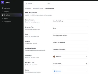 CRM Web App: Broadcast Campaign Editor automation broadcast campaign campaign editor campaign management clean crm crm dashboard dashboard email marketing form input input app design marketing product design saas uiux web app web app design wecdeew
