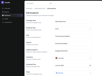 CRM Web App: Broadcast Campaign Editor automation broadcast campaign campaign editor campaign management clean crm crm dashboard dashboard email marketing form input input app design marketing product design saas uiux web app web app design wecdeew